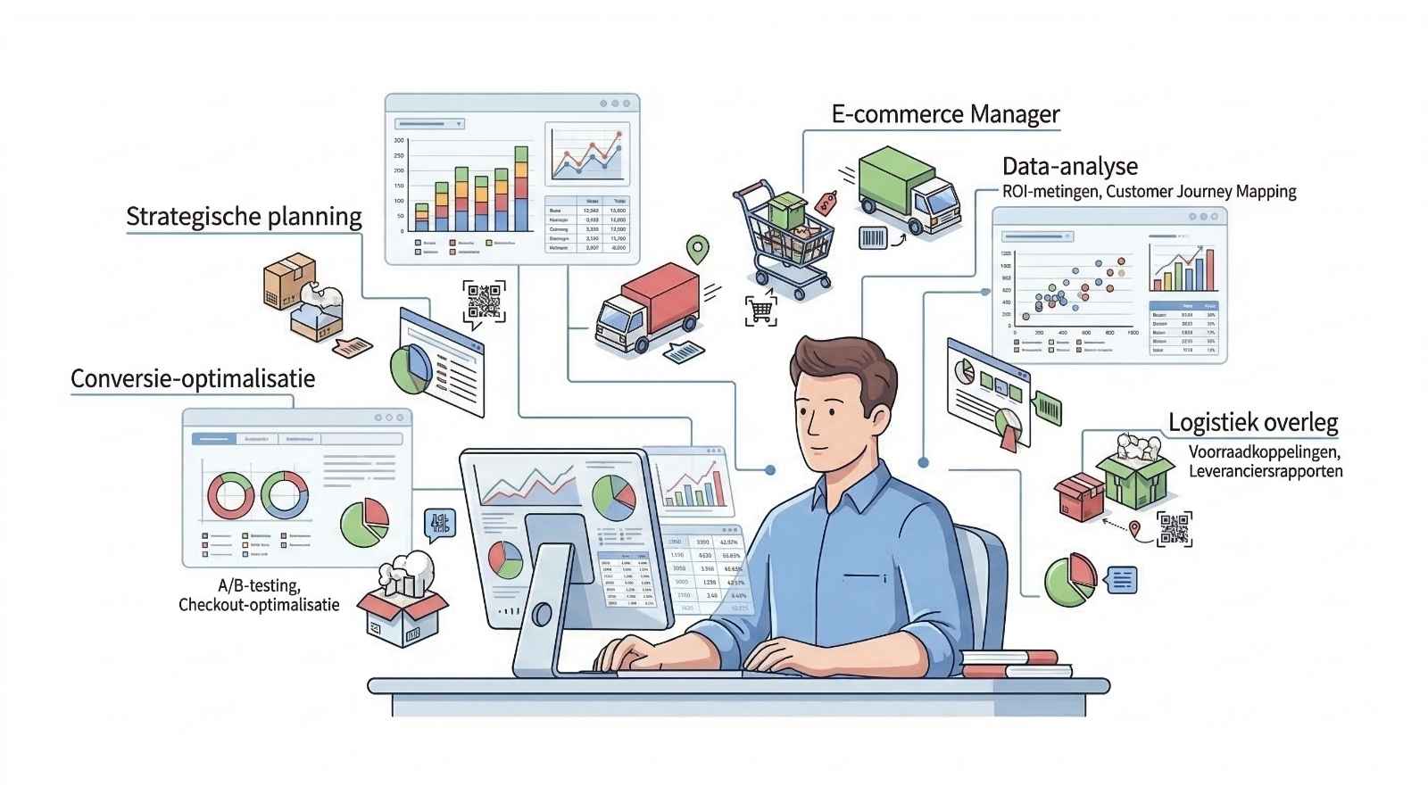 Afbeelding in vectorstijl waarop je een typische E-commerce Manager uit de Talent Pool van CrossCast ziet.